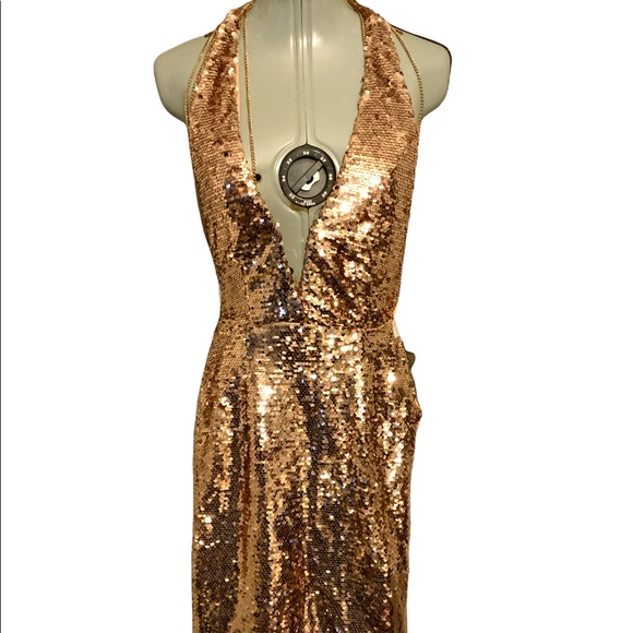 Dresses & Skirts - Rose Gold Sequin Open Back Low Cut Halter Dress
